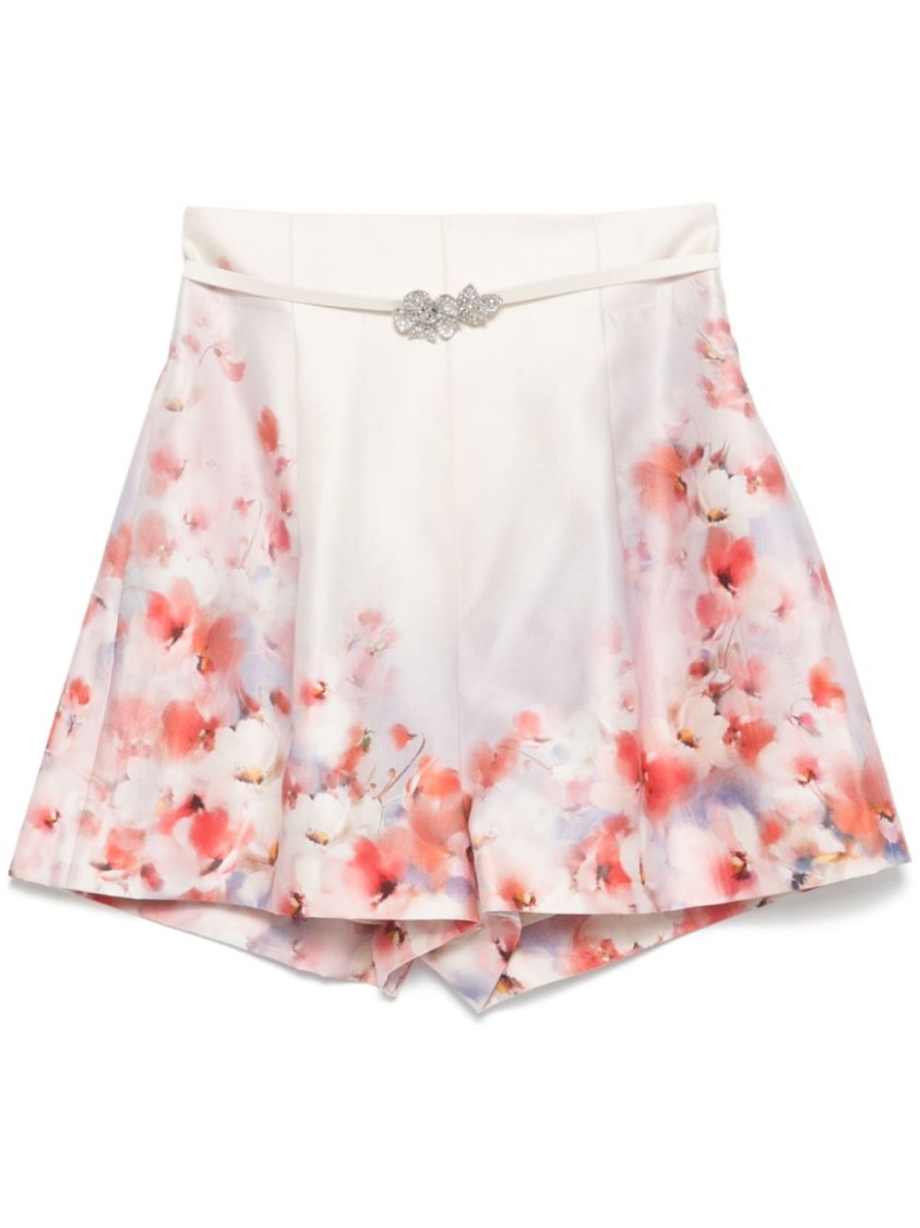 Zimmermann Crush Belted Floral-print Silk And Cotton-blend Twill Shorts In Neutrals