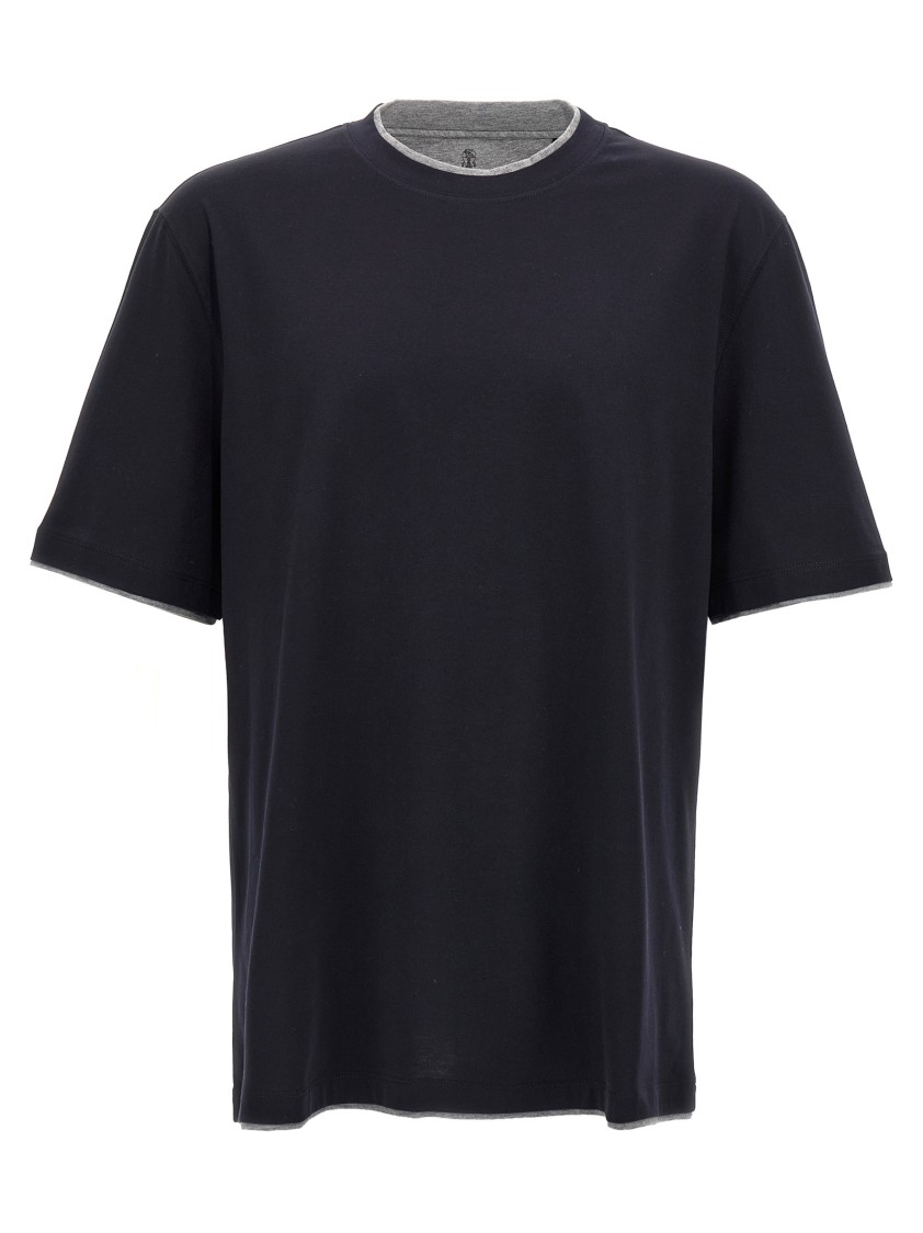 Brunello Cucinelli Double Layer Crewneck T-shirt Featuring Elegant Piping In Blue