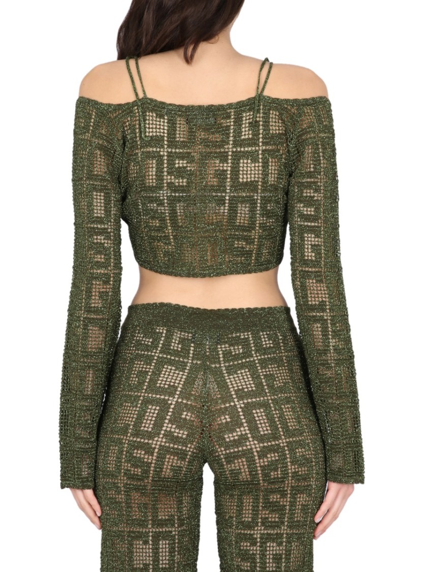 Gcds Cropped Geometric Knit Top With Long Sleeves In Green