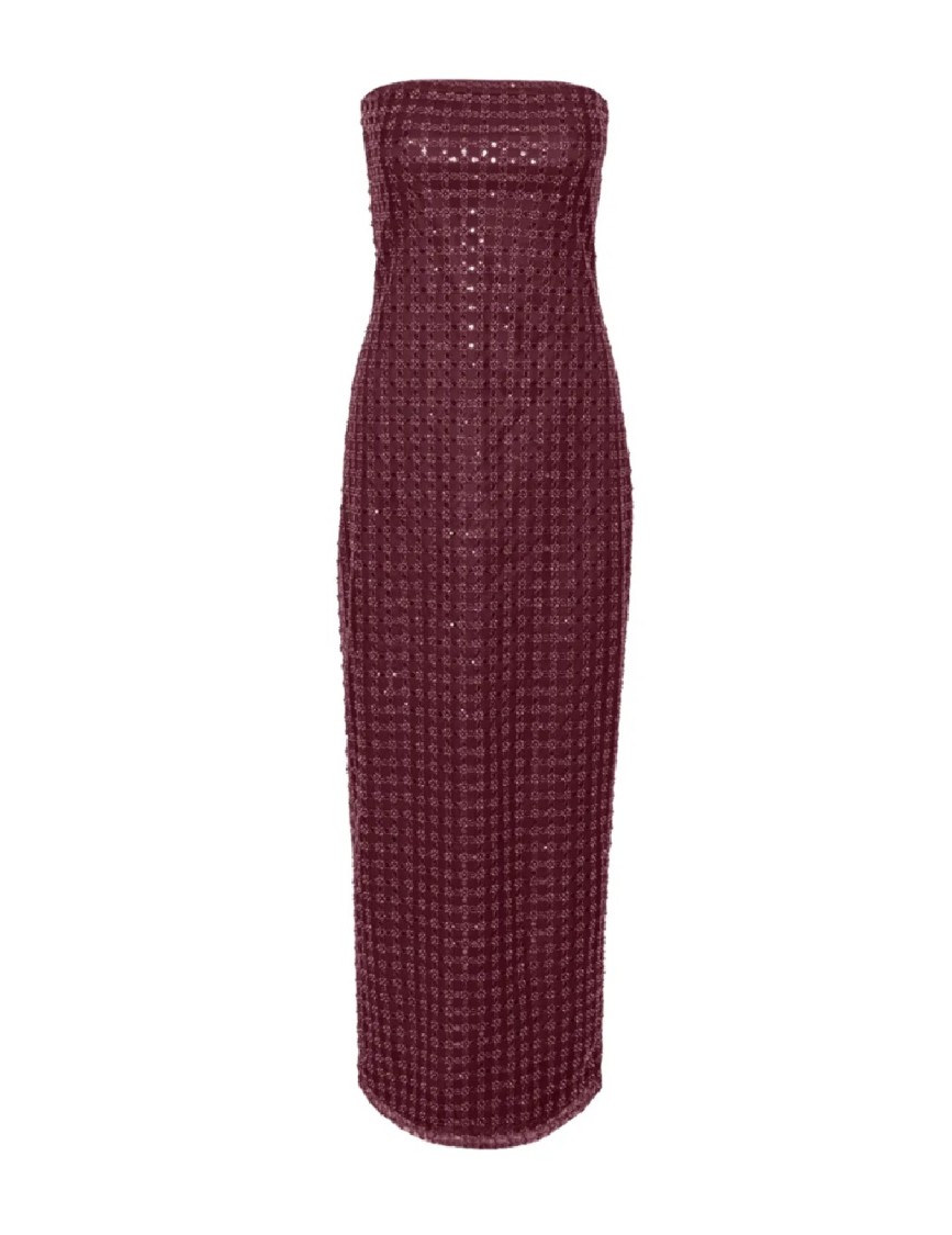 Rotate Birger Christensen Rotate Floor-length Burgundy Strapless Evening Dress With Sequined Detailing In Red