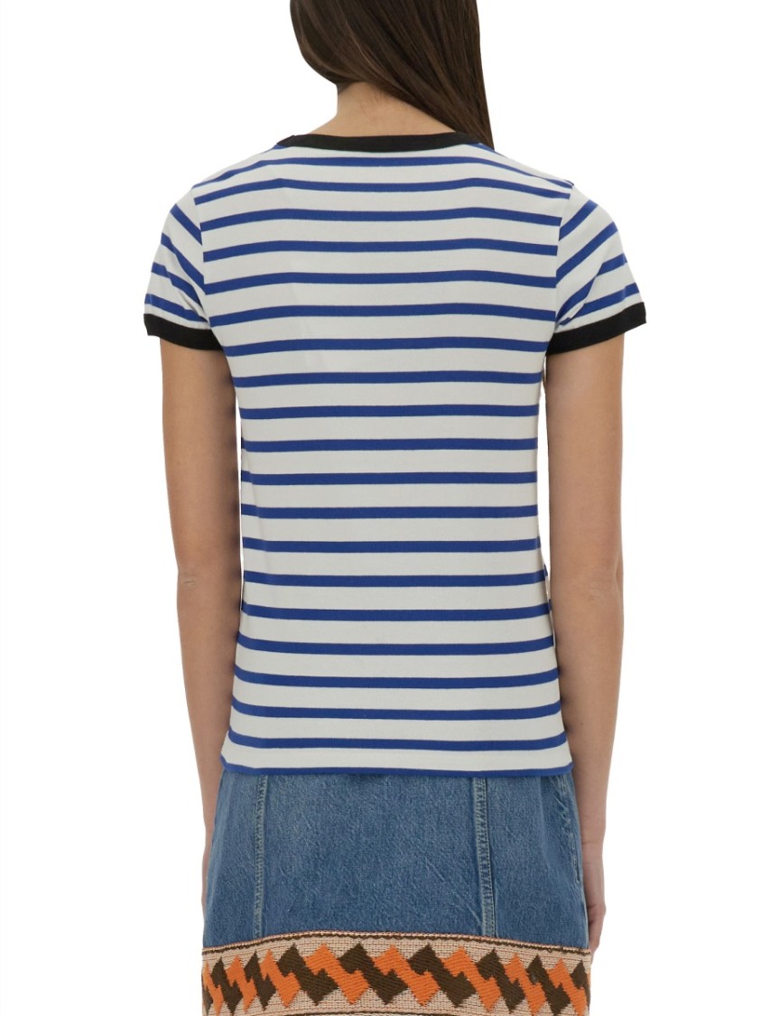 Valentino Womens Striped Embroidered Cotton-jersey T-shirt Avorio Blu