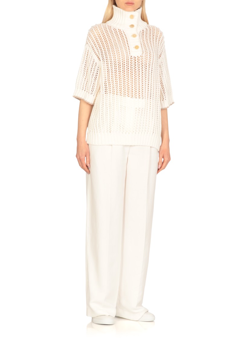 Brunello Cucinelli White High Neck Sweater With Perforated Design