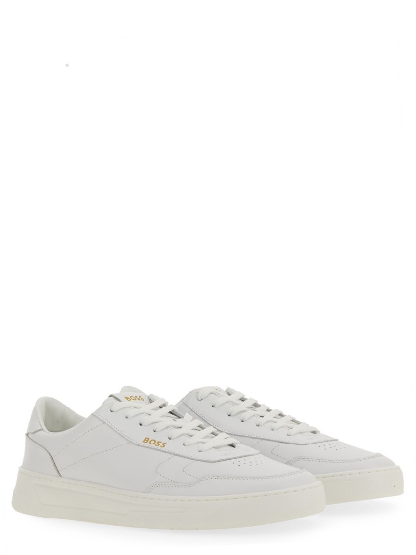 Hugo Boss Gary Tenn Mens Leather Low-top Trainers With Branded Lace Loop Nos In White
