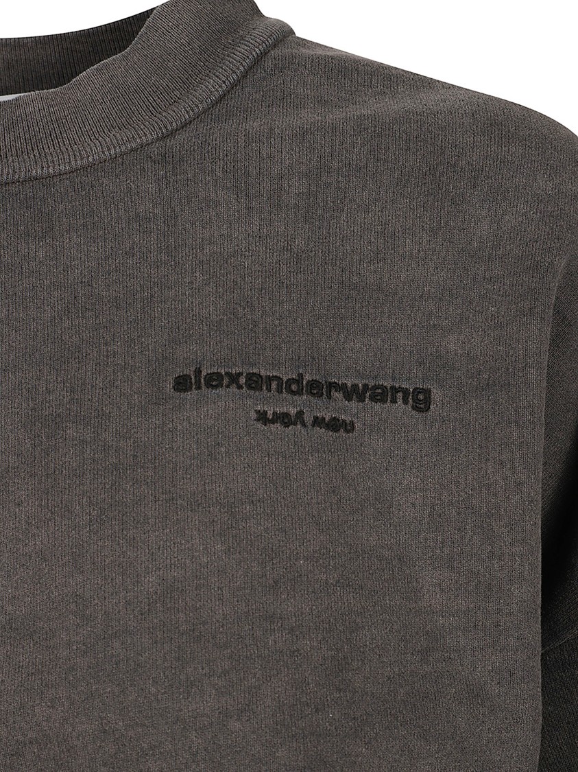 Alexander Wang Cropped Cotton Sweatshirt With Logo And Ribbed Trim In Gray