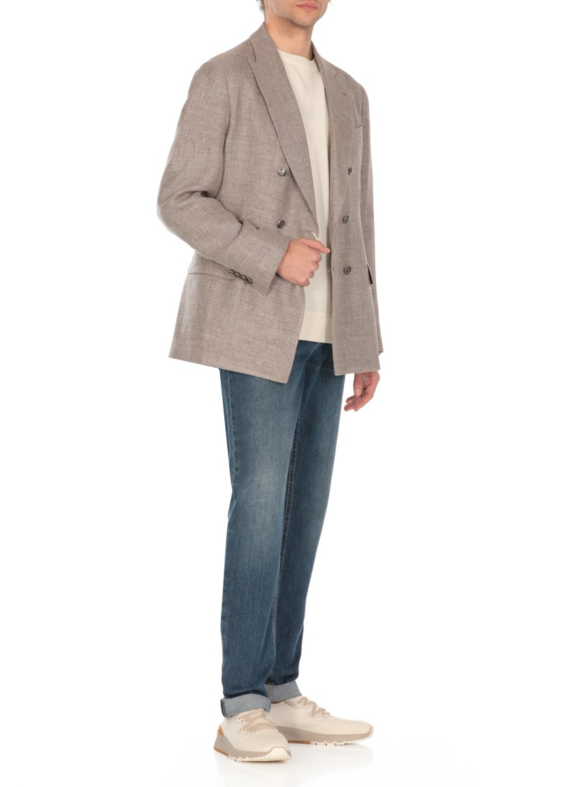 Brunello Cucinelli Beige Linen And Wool Double-breasted Jacket In Neutrals
