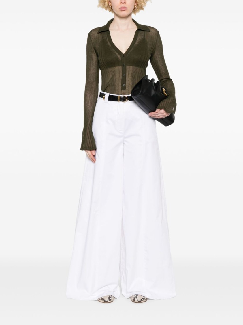 Pinko Ribbed Long-sleeved Top With Deep V-neckline In Green