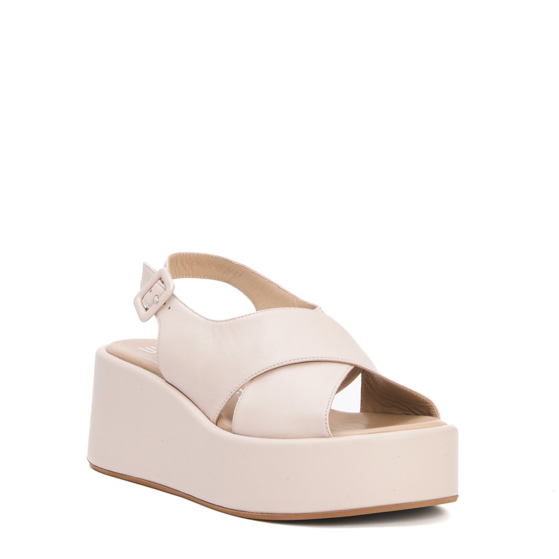STRATEGIA STRATEGIA BEIGE LEATHER CROSSOVER WEDGES WITH PLATFORM SOLE