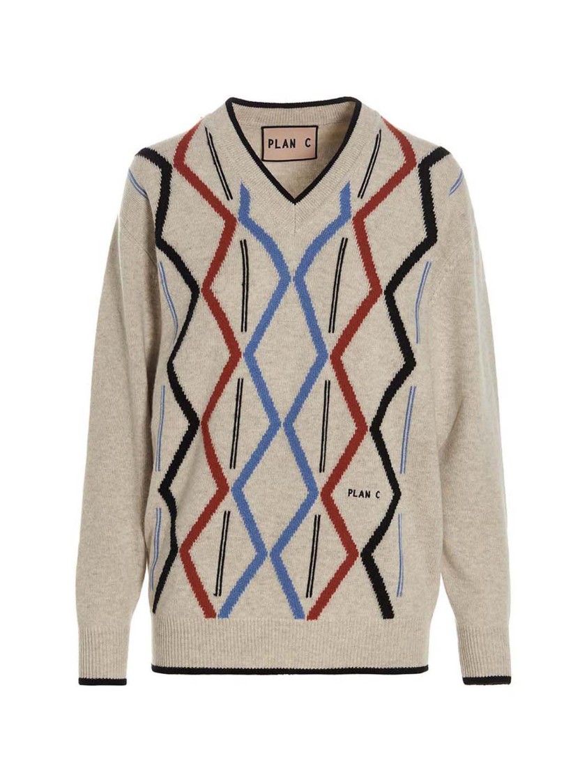 Plan C Geometric Pattern V-neck Knit Sweater In Neutral