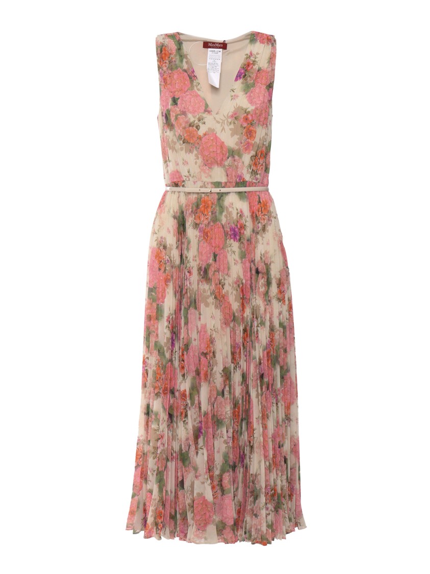 Max Mara Floral Midi Dress With V-neckline And Pleated Skirt