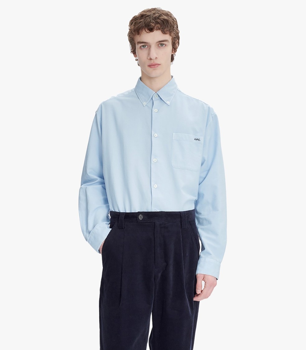 Apc A.p.c. Button-down Shirt In Bleu Clair With Logo In Blue