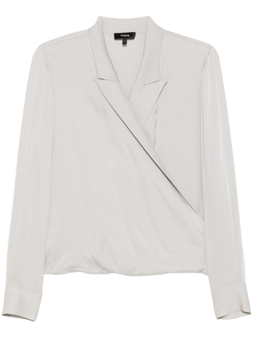 Theory Metallic Blouse With Peak Revers And Crossover Neck In Neutrals