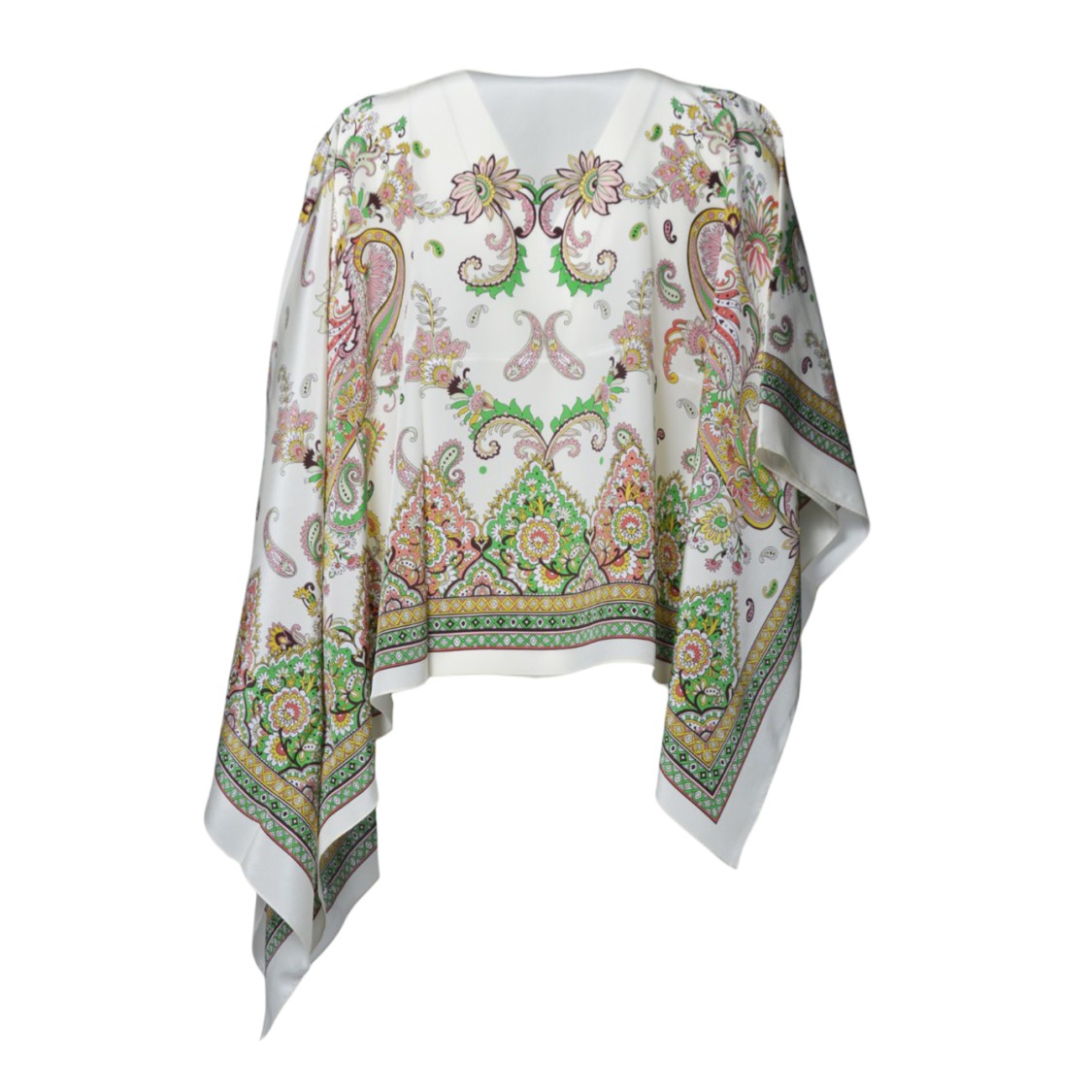 Shop Etro Cream Silk Poncho With Floral Paisley Print