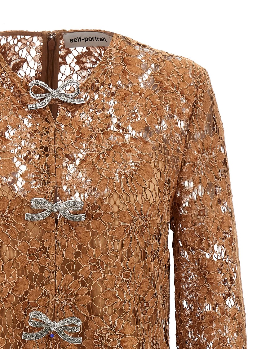 Self-portrait 'tan Lace Bow Mini' Dress In Brown