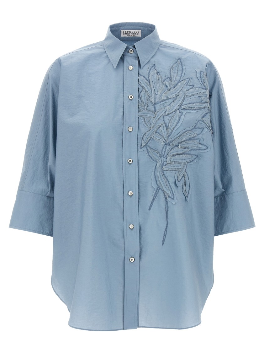 Brunello Cucinelli Intarsia Shirt With Embroidered Inlaid Detail In Blue
