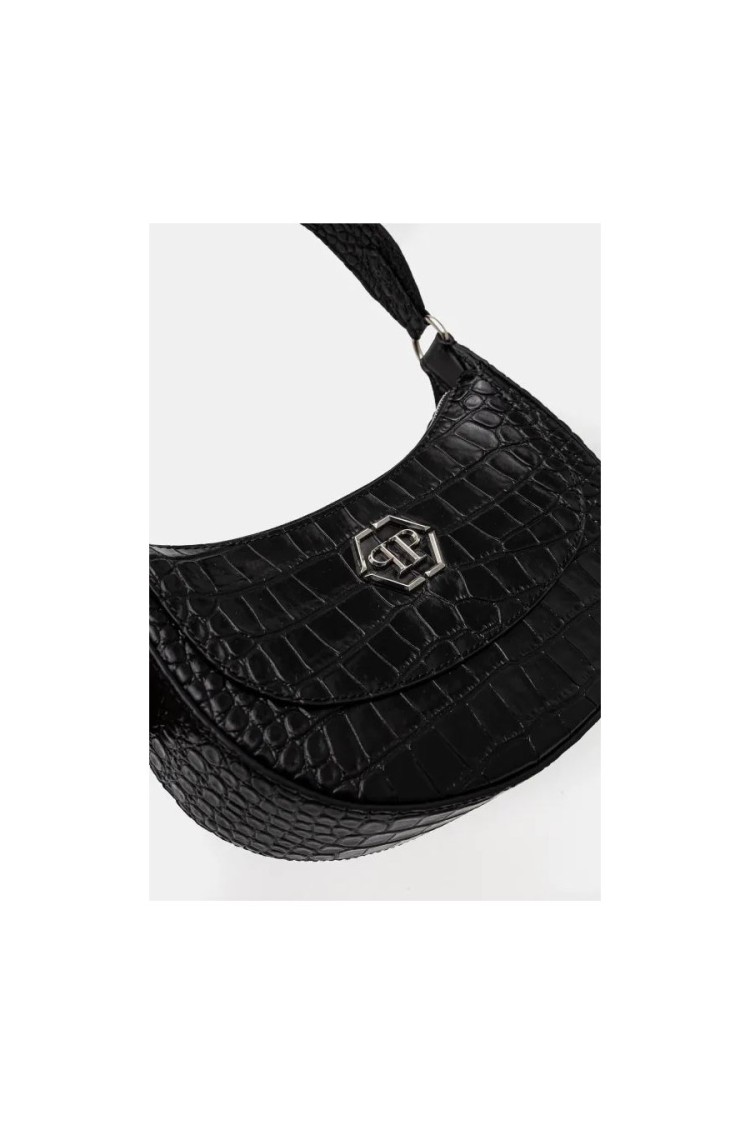 Philipp Plein Textured Crocodile Pattern Handbag With Logo Detail In Black