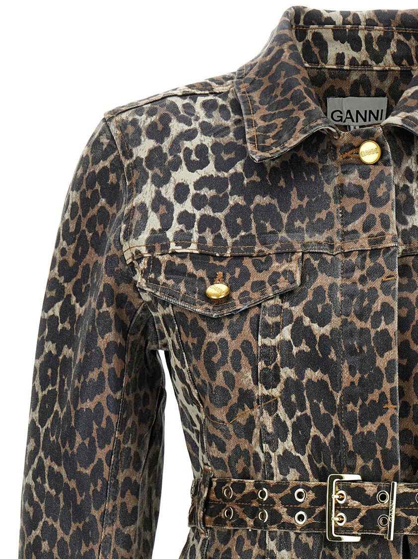Ganni Leopard Print Cotton Denim Mini Dress In Brown