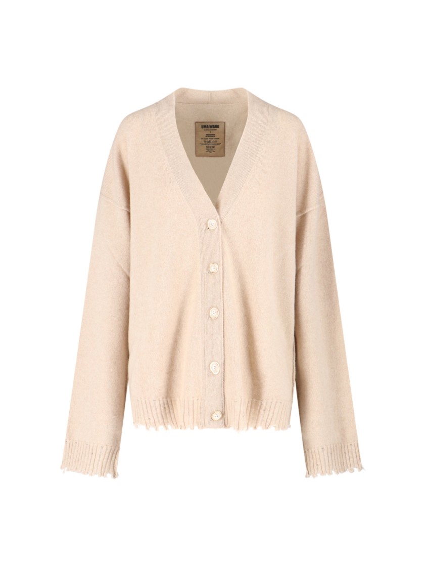 Uma Wang Relaxed Fit Cashmere Cardigan With V-neckline And Distressed Edges In Neutral