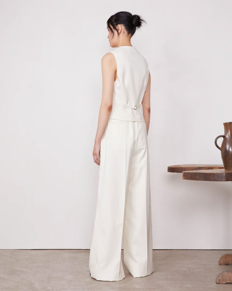 Officine Generale High-waisted Wide Leg Pants With Double Pleats In White