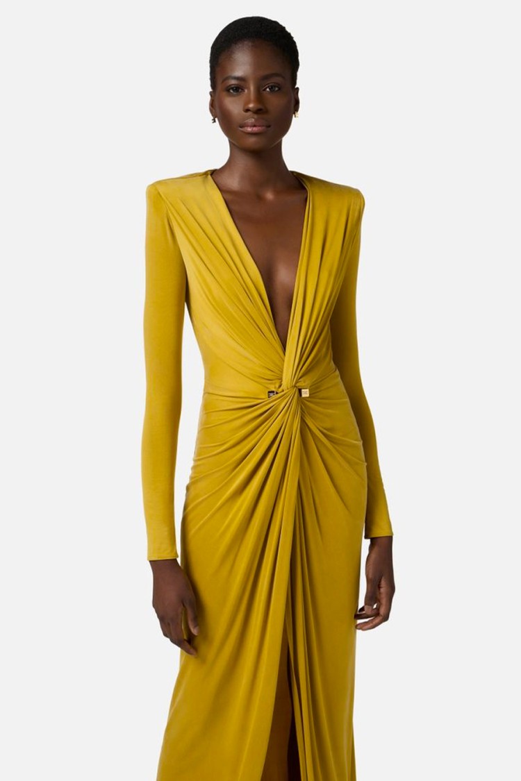 パーティードレス Elisabetta Franchi Draped Yellow Evening Dress With Deep Elisabetta Franchi Draped Yellow Evening Dress With Deep V