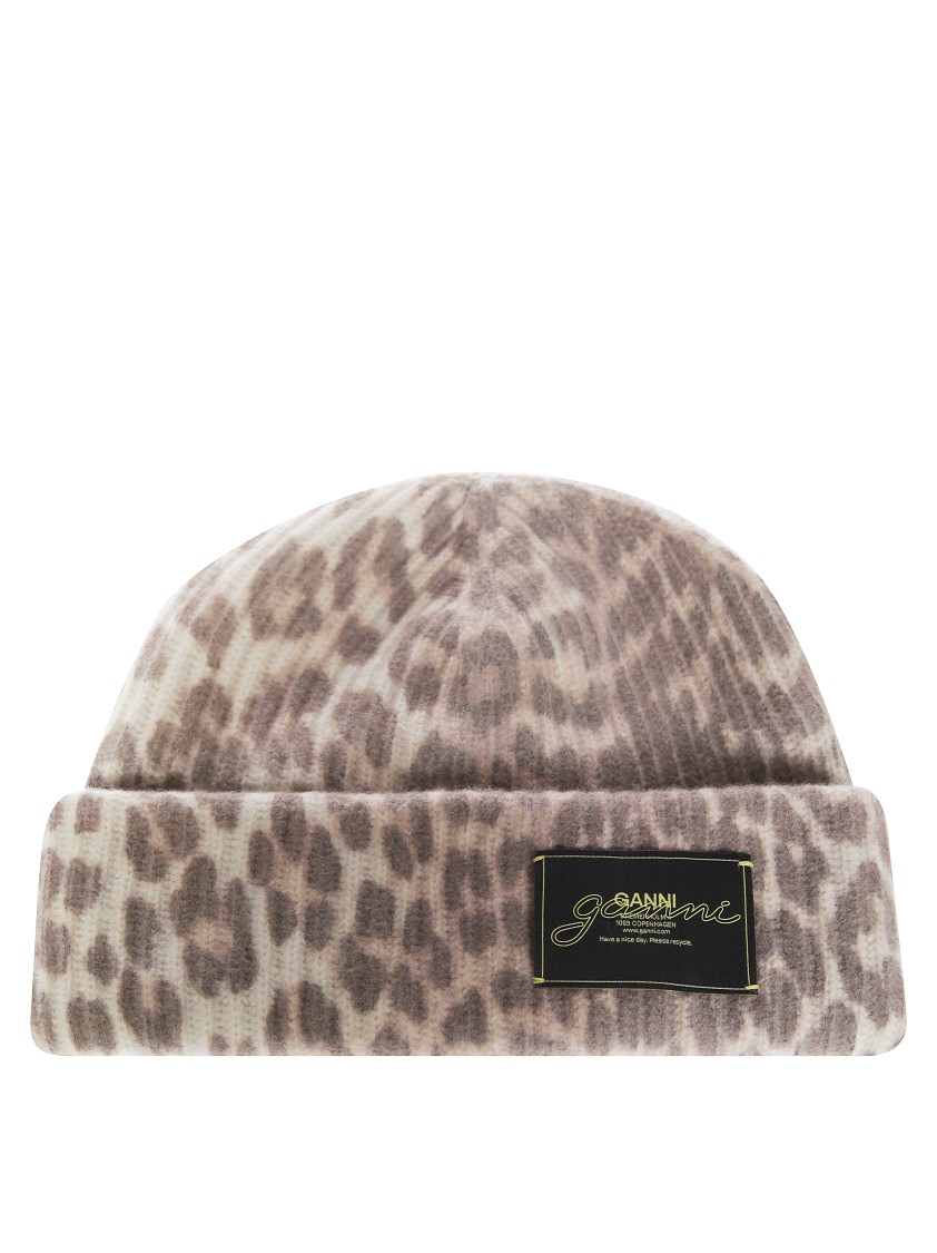 Ganni Graphic Wool Mix Printed Leopard Beanie In Multi
