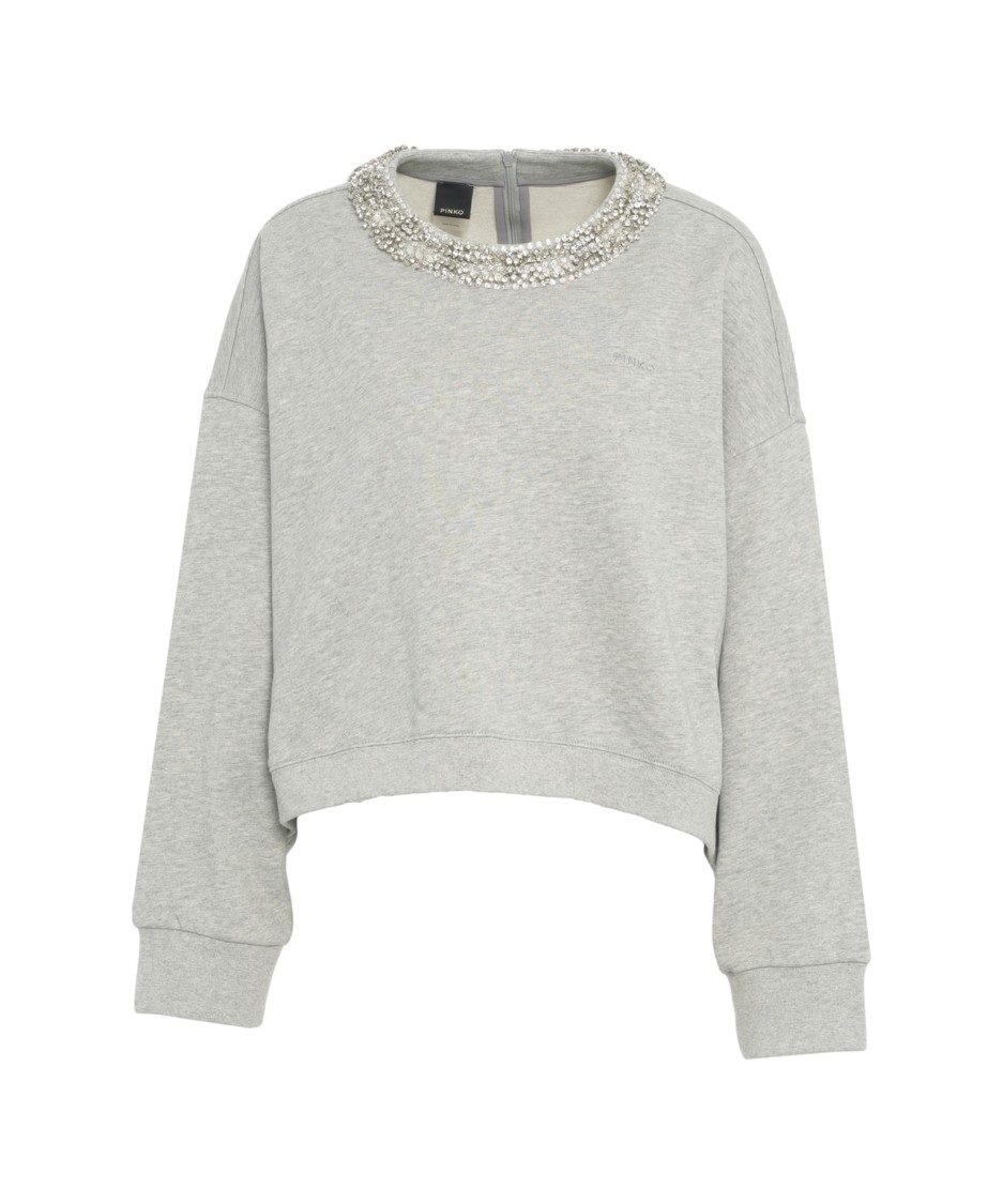 Shop Pinko Cropped Grey Sweatshirt With Jewel Embroidery