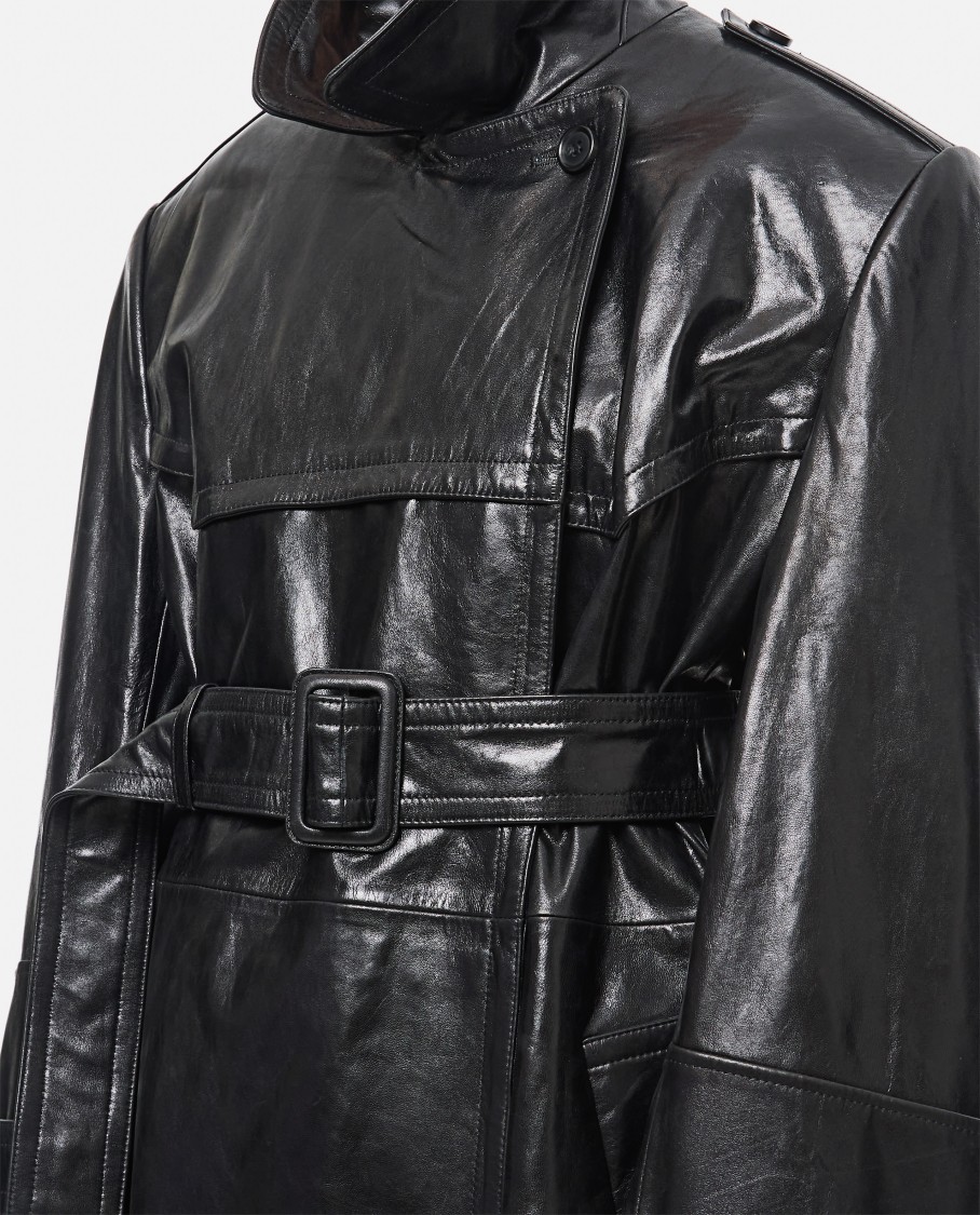 Sportmax Black Trench Coat In Semi-glossy Nappa Leather