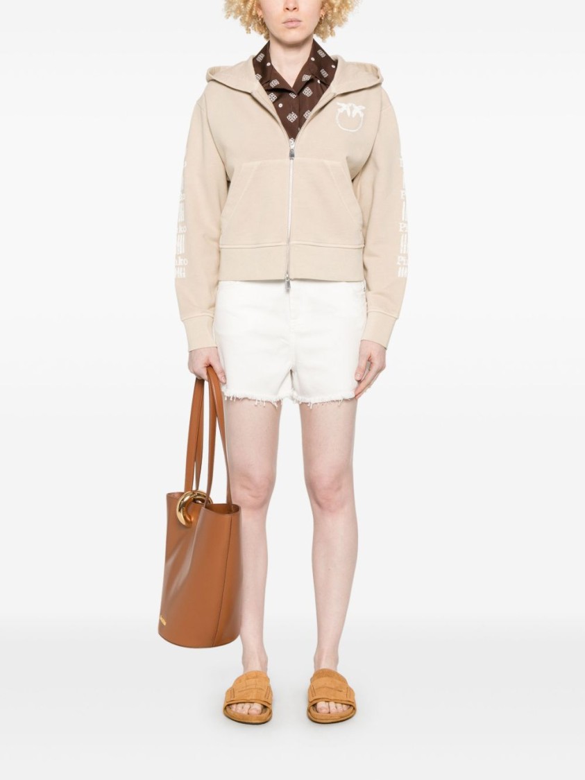Shop Pinko Cropped Beige Sweatshirt With Printed Branding In Neutrals