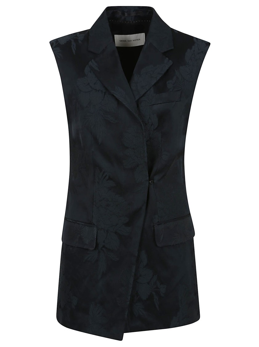 Dries Van Noten Floral Patterned Sleeveless Jacket With Tailored Silhouette In Blue