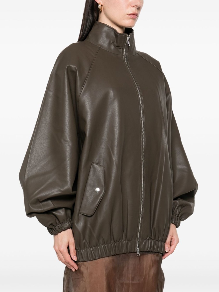 The Frankie Shop Oversized Faux Leather Bomber Jacket With Puff Sleeves In Brown