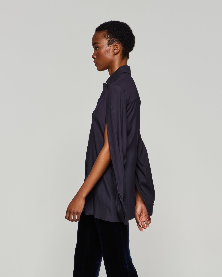 Serena Bute Silk Cape Sleeve Shirt - Midnight Navy In Black