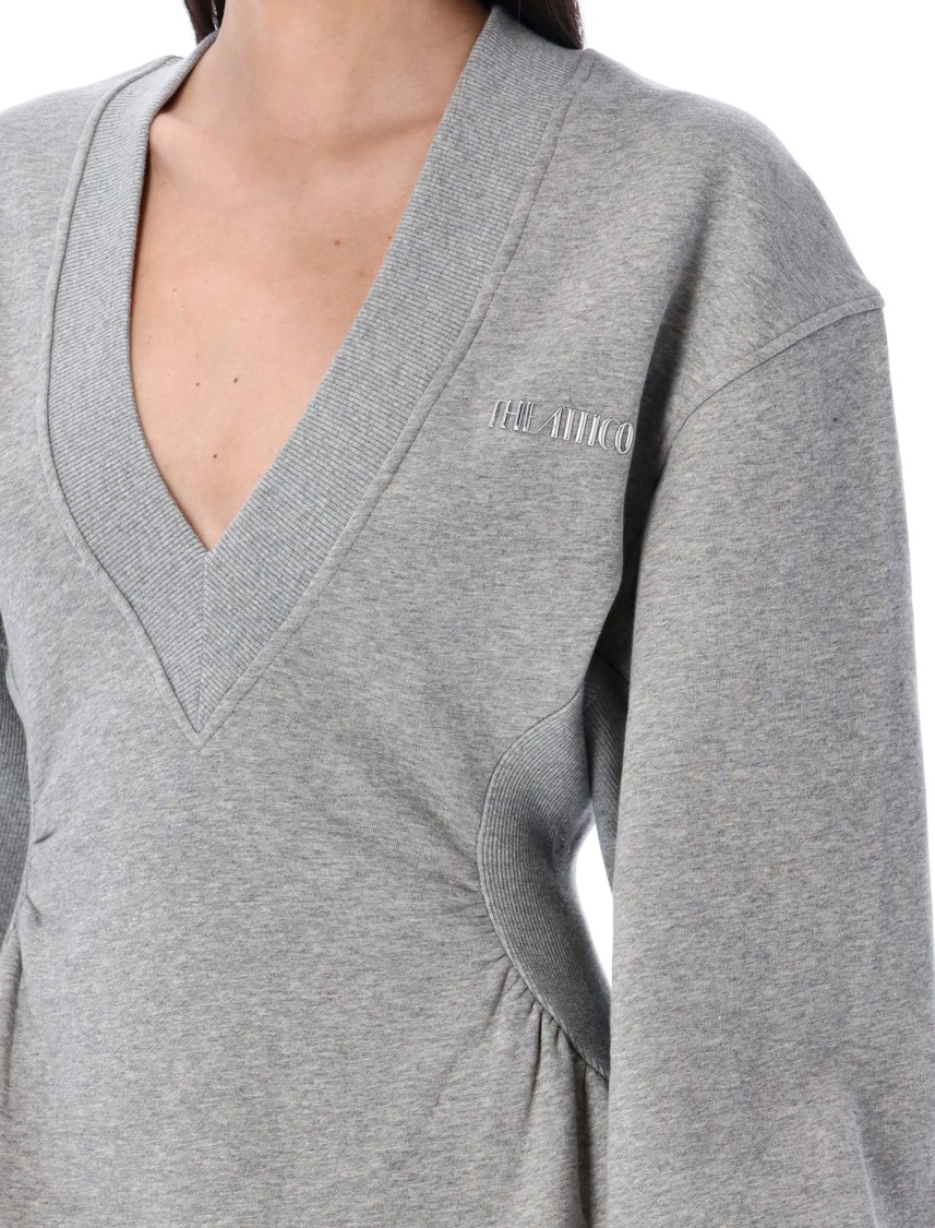 Attico Grey Mini Dress With V Neck And Logo Lettering On The Front In Gray