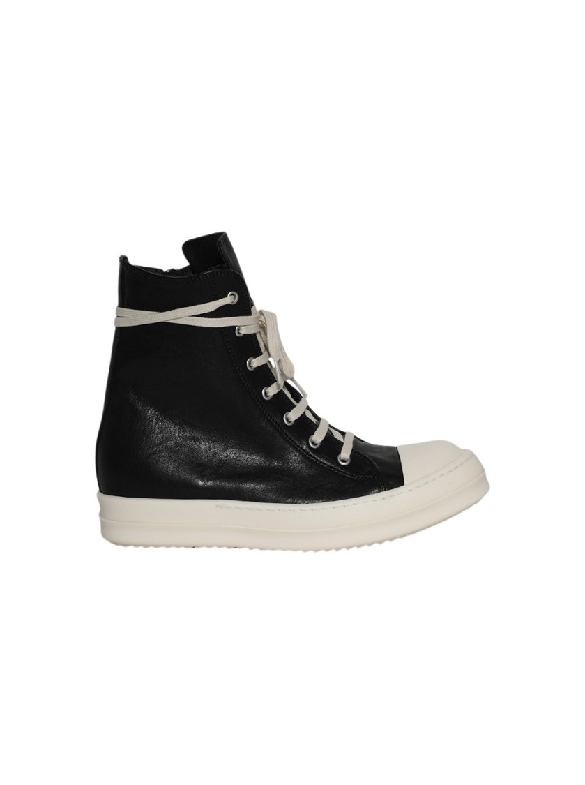 Rick Owens Black High Top Sneakers With Oversized Laces In Leather In Black