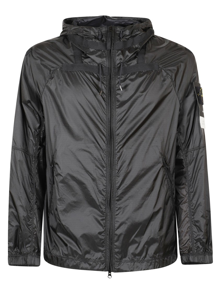 Stone Island Lightweight Grey Hooded Coat With Contrasting Black Accents In Black