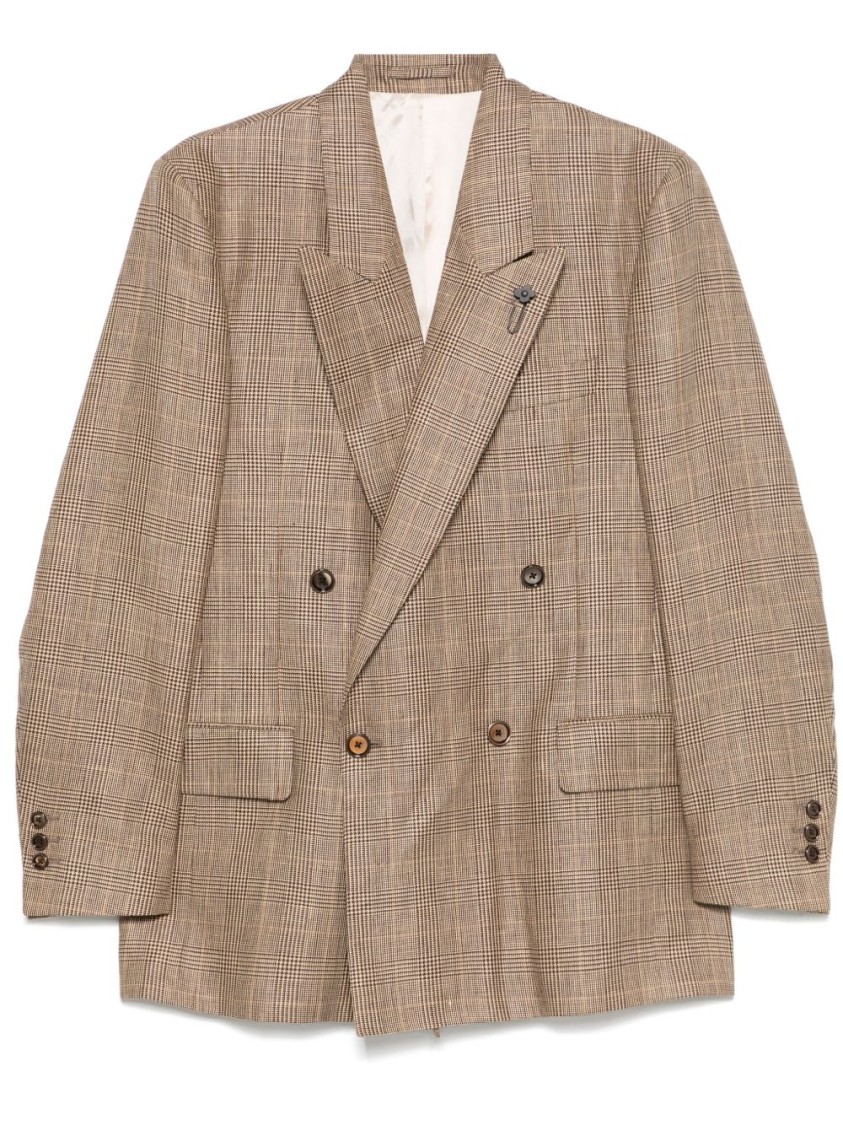 Lardini Double-breasted Brown Jacket With Textured Plaid Pattern In Pink