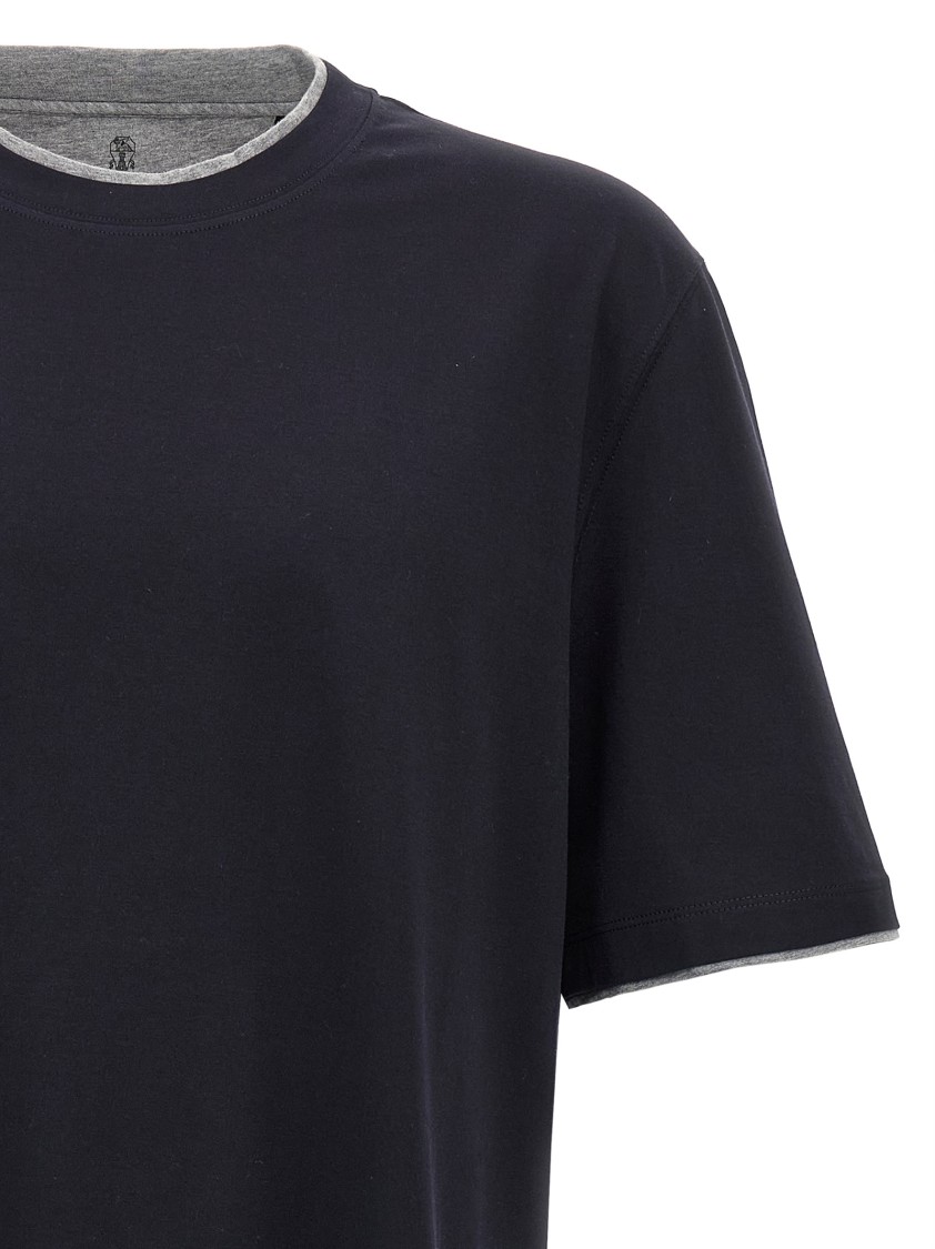 Brunello Cucinelli Double Layer Crewneck T-shirt Featuring Elegant Piping In Blue