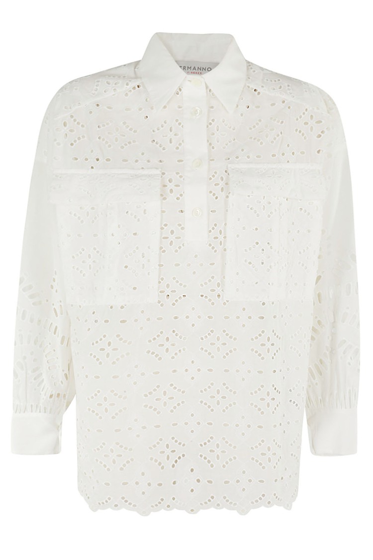 Ermanno Firenze Perforated Half Button Shirt In White