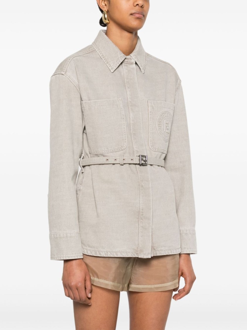 Fendi Beige Denim Jacket With Concealed Closure In Gray