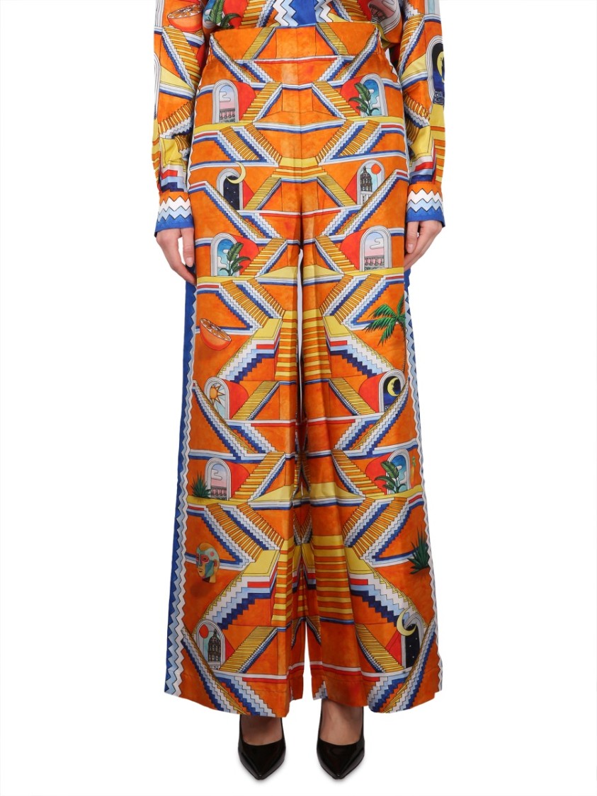 Casablanca Staircase Print Elastic Waist High-waisted Pants