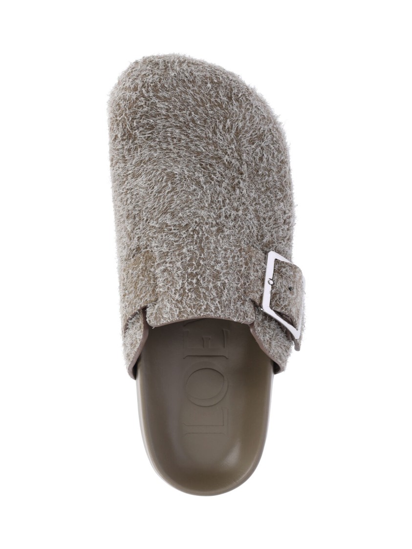 Loewe Ease Buckle Brushed Suede Mules In Green