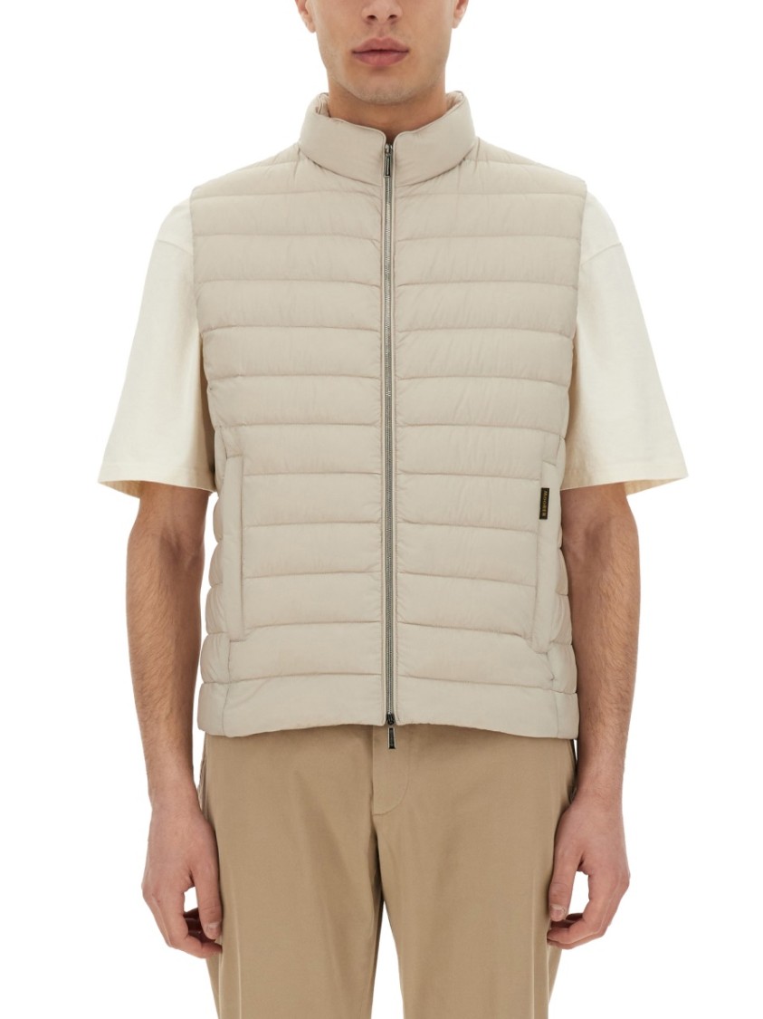 Moorer Quilted High Collar Sleeveless Jacket With Pockets In Neutrals