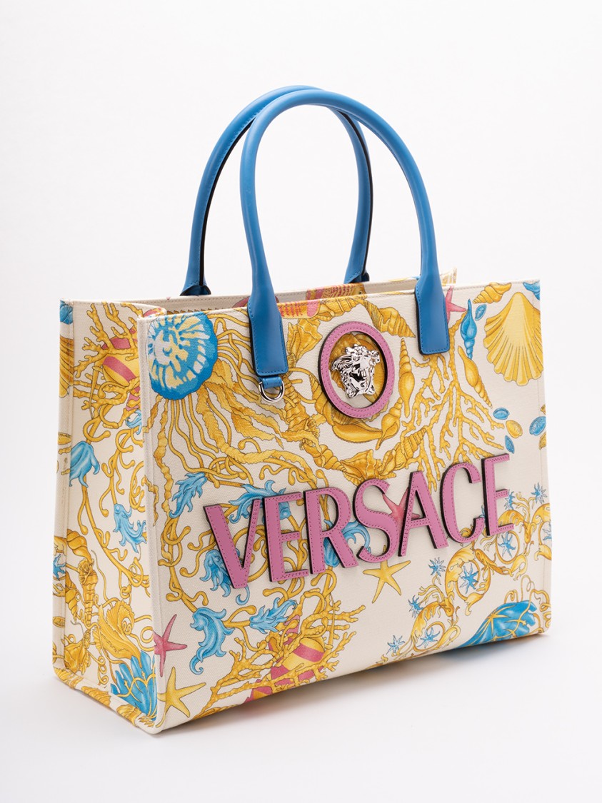 Versace Fabric And Calf Leather Tote In Multi