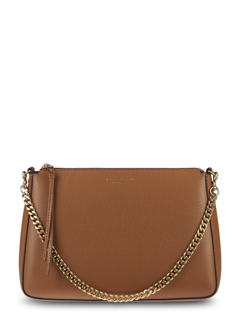 Tory Burch Textured Leather Shoulder Bag With Gold-tone Chain And Zip Closure In Brown