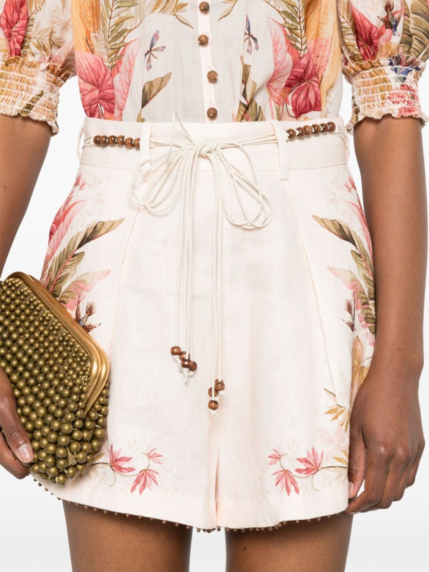 Zimmermann Ascension Belted Bead-embellished Floral-print Linen Shorts In Neutral