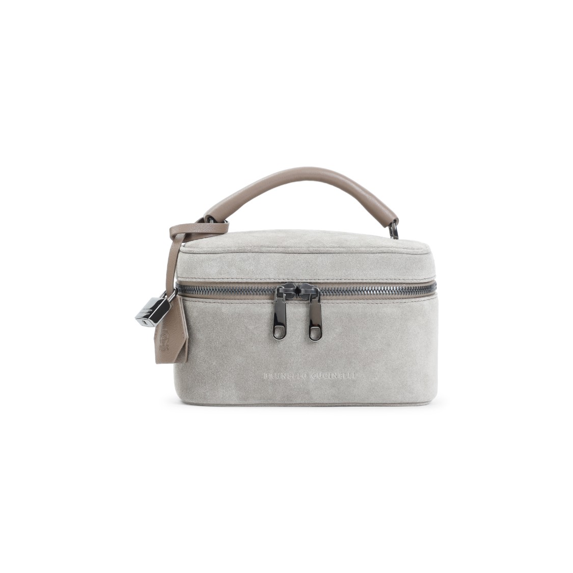 Brunello Cucinelli Structured Suede Leather Clutch With Top Handle In Gray