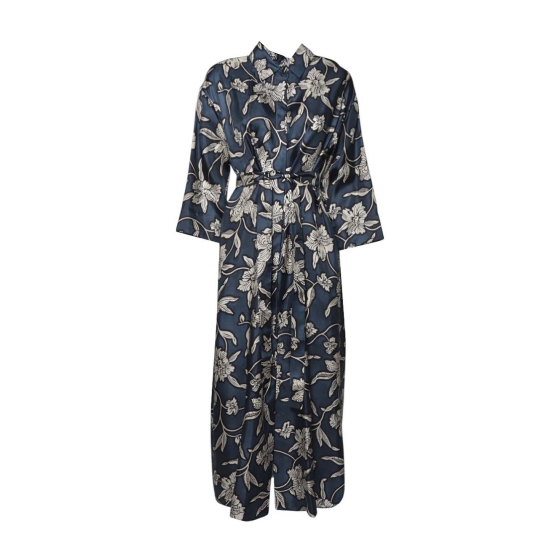 Max Mara Ankle-length Floral Robe With Belted Waist In Blue