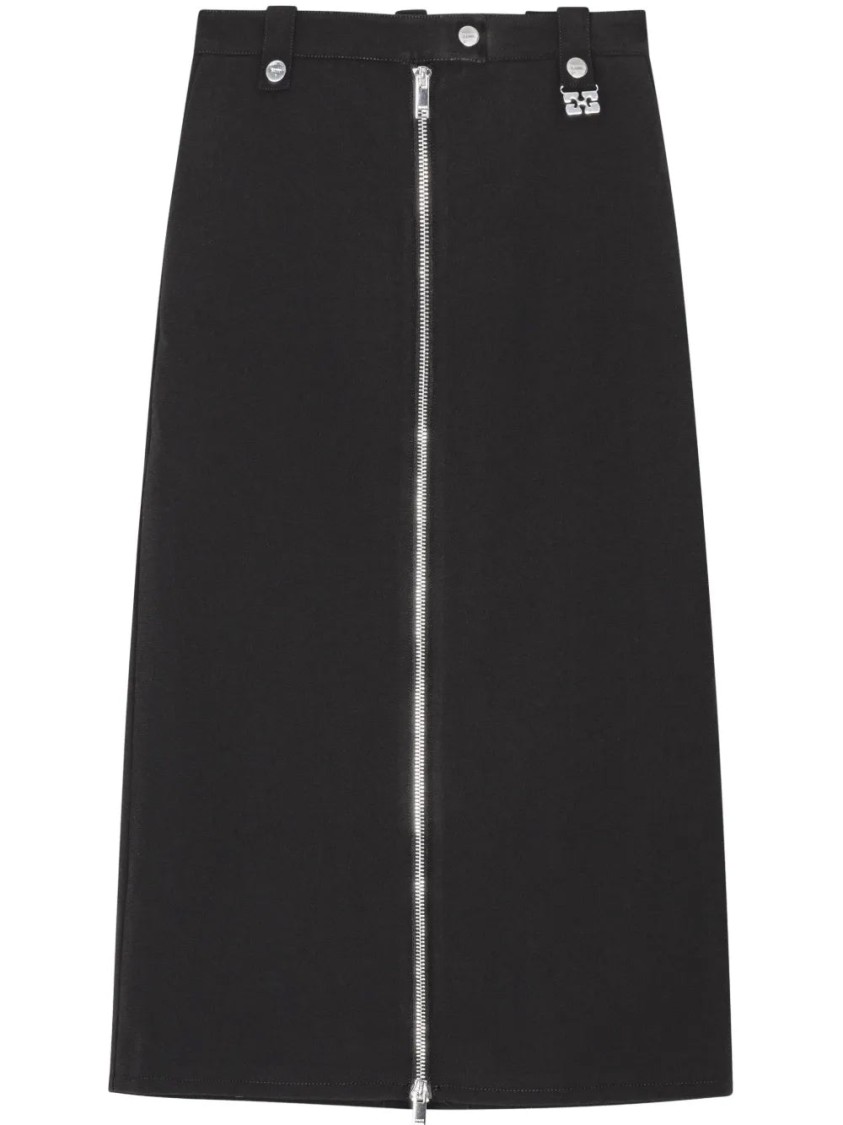 Ganni Zip-up Crepe Midi Skirt In Black