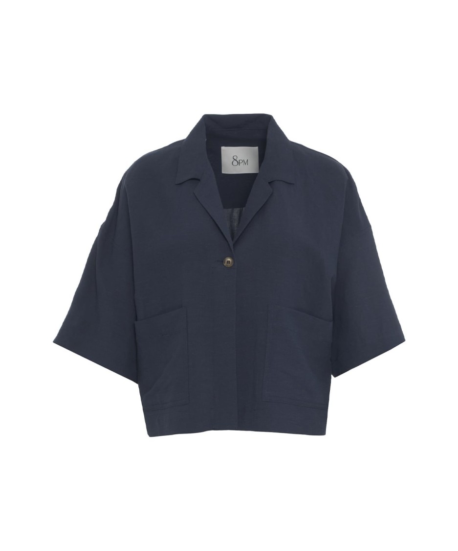 8PM 8PM LINEN BLEND BLACK BLOUSE WITH NOTCHED LAPELS