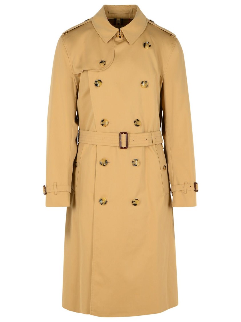 Shop Burberry Long 'kensington' Beige Cotton Trench Coat In Brown