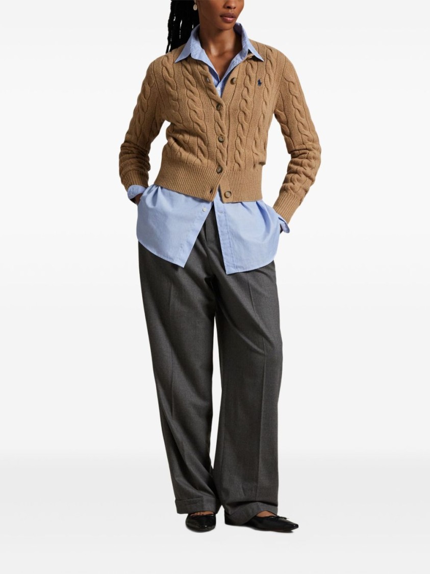 Polo Ralph Lauren Cropped Cable Knit Sweater With Button-down Front In Brown