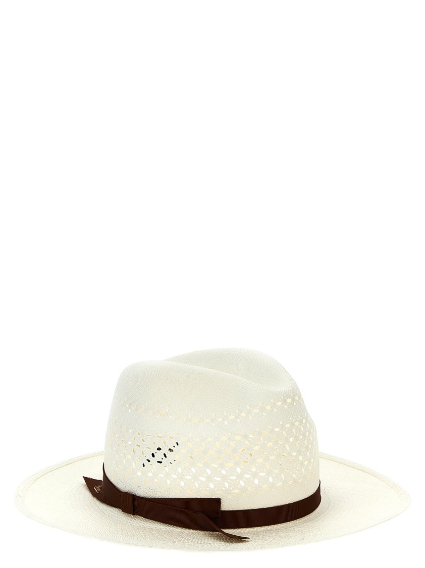 Borsalino 'medea' Perforated Ribbon Band Wide Brim Hat In Neutral